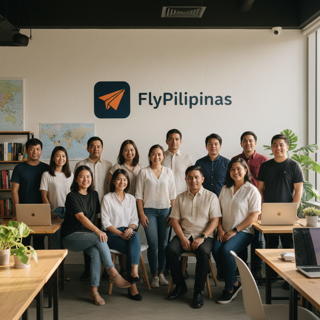 The FlyPilipinas editorial team — 14 Filipinos of varied ages in their Quezon City newsroom, paper-plane logo on the wall behind them